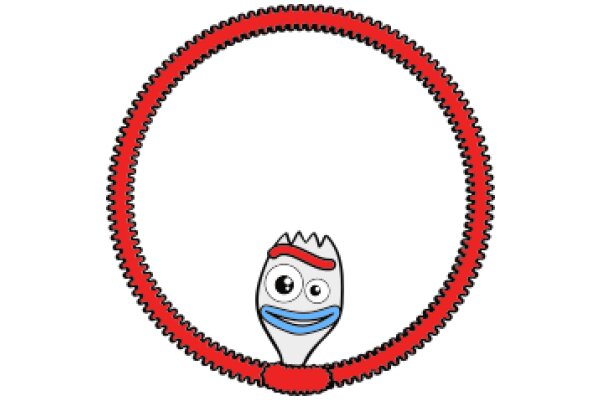 A Whimsical Scene of a Toothbrush Character with a Red Ring and a Smiley Face, Surrounded by a Curved Red Rope