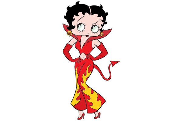 Stylish Cartoon Character: A Fashionable Female with Red Dress and Flaming Pants, Standing Confidently with Hands on Hips
