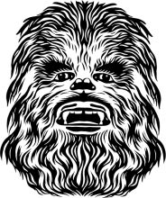 Stylized Black and White Portrait of a Furry Creature with a Mouth Open