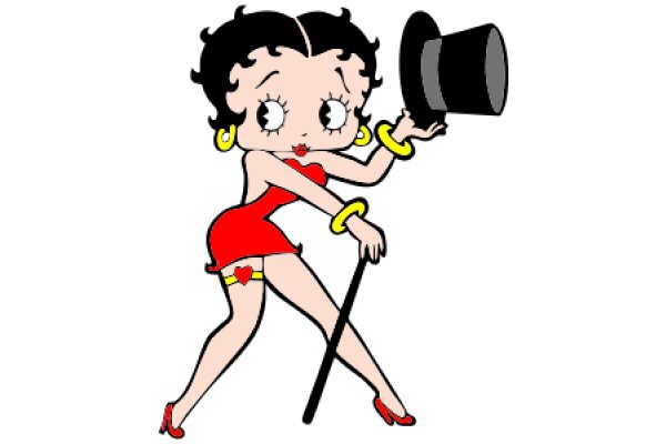 Whimsical Cartoon: A Stylish Female Character in a Red Dress and Red Shoes, Holding a Top Hat, with a Cute Expression and Big Eyes.