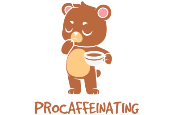 A Cute Illustration of a Brown Bear with a Cup of Coffee, Captioned with 'Procafeinating'.