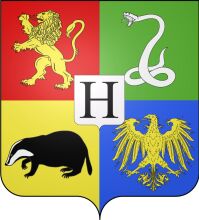 A Vivid Display of Heraldry: A Lion, a Badger, a Snake, and a Letter 'H' on a Shield