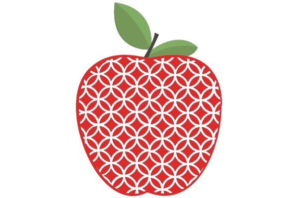 Vibrant Red Apple with a Green Leaf, Adorned with a White Flower Pattern