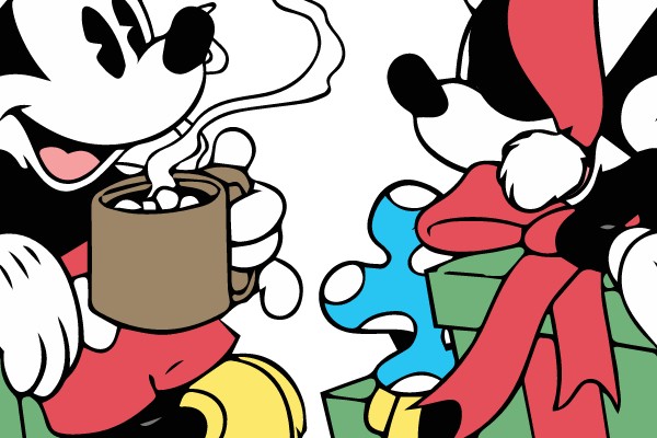 Mickey Mouse and Minnie Mouse in Christmas Hats with Hot Drinks
