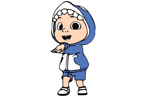 A Cute Cartoon Character in a Blue Hoodie and Shoes, Pointing to the Left with a Smile.