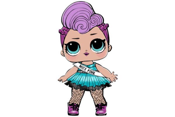Vividly Styled Anime Character: A Purple-Haired Girl with a Blue Dress and Pink Boots
