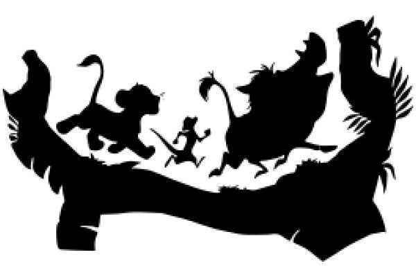 A Silhouette of a Playful Scene with Animals and a Human Figure
