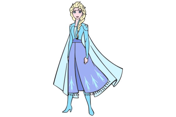 Stylish Animation: A Female Character in a Blue Dress and Cape, with Blonde Hair and Blue Eyes, Standing Against a White Background.