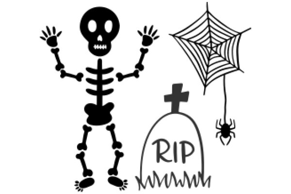 A Silhouette of a Skeleton, a Spider, and a Cross, with the Word 'RIP' Below Them