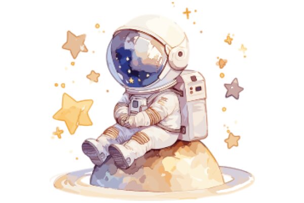 An Astronaut's Dream: A Whimsical Illustration of an Astronaut Sitting on a Planet, Surrounded by Stars and Starbursts