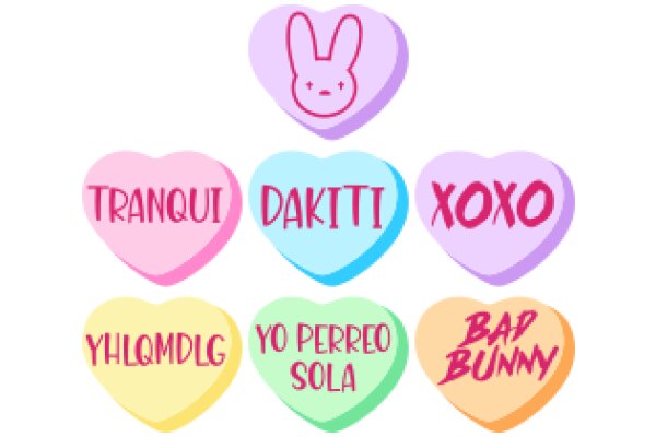 A Collection of Colorful Hearts with Words and a Bunny