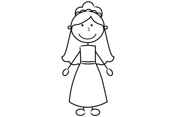 A Simple Line Drawing of a Smiling Girl with Long Hair and a Dress