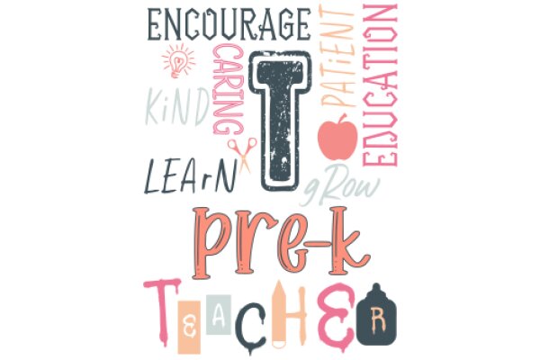 A Colorful Collage of Words and Symbols Encouraging Education, Kindness, and Patience