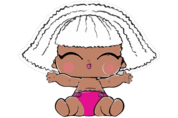 A Child's Drawing of a Character with White Hair and a Pink Outfit.