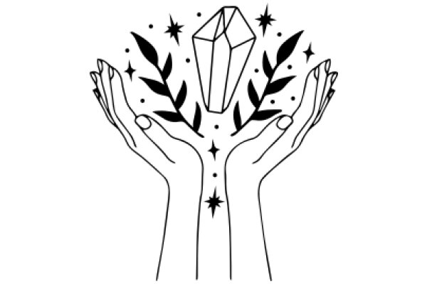 A Symbolic Illustration of Hands Embracing a Diamond and Surrounded by Stars and Leaves