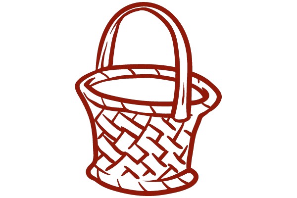 Red Line Drawing of a Woven Basket with a Handle