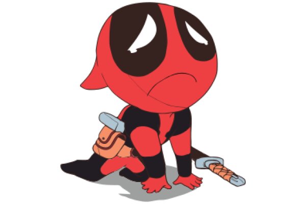 A Cute Cartoon of a Red-Suited Superhero with a Sword and a Bag
