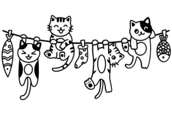 A Line of Cats and Fish, Hanging from a Clothesline