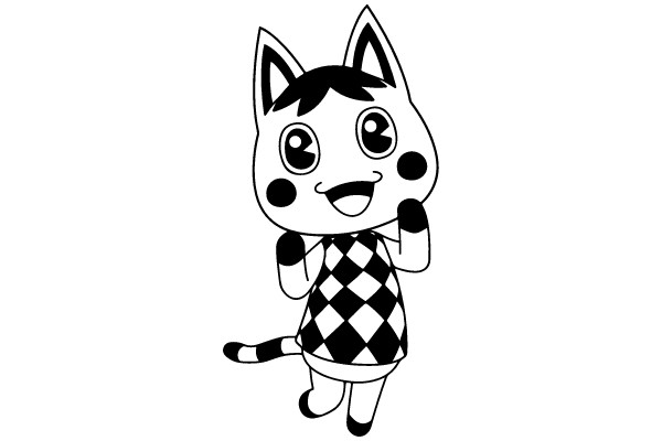 Whimsical Cat Character in Checkerboard Dress