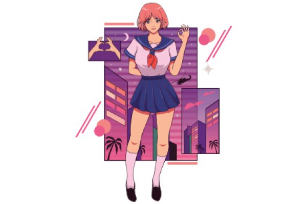A Digital Illustration of a Female Character in a Stylized Cityscape with a Pink Sky
