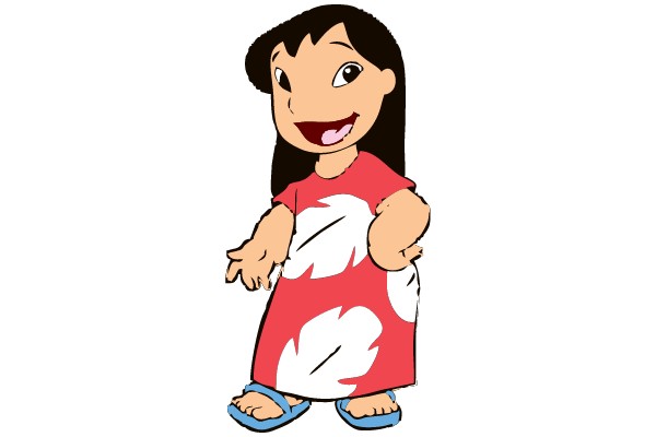A cheerful cartoon girl in a red dress with white leaf patterns and blue sandals.