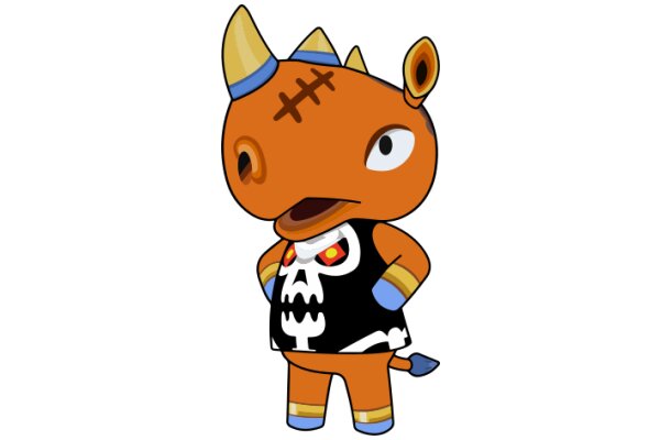 An Adorable Cartoon of a Stylish, Orange-Horned Monster with a Bandage on Its Head and a Skull on Its Chest, Standing Confidently with Its Hands on Its Hips.