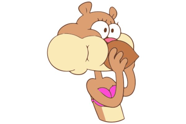 A Playful Cartoon of a Brown Squirrel with a Pink Bikini Top and a Cone-Shaped Hat, Enjoying a Snack.