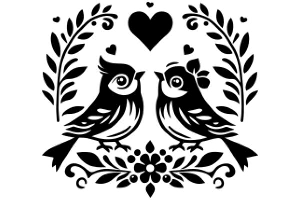 Silhouette of Two Birds and a Flower, Surrounded by Leaves and Hearts
