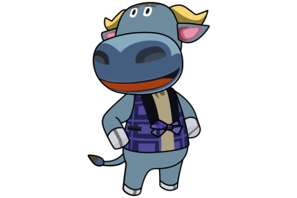 A Friendly Blue Cow with a Purple Vest and Bowtie