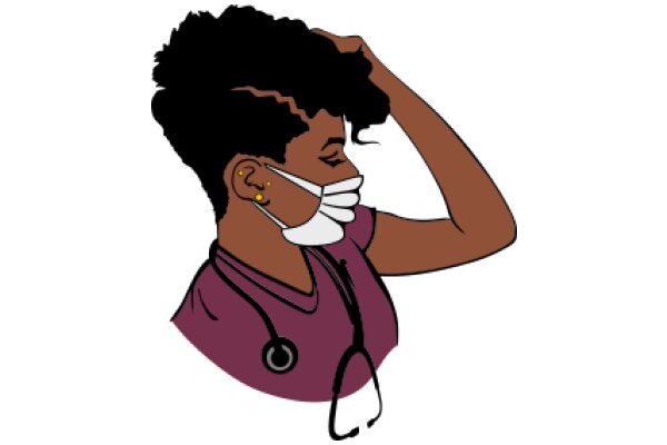 A Medical Professional in a Purple Uniform, Wearing a Mask and Stethoscope, with a Stylish Haircut and Earrings