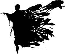 Silhouette of a Figure with Extended Arms, Surrounded by a Swirling Pattern of Lines and Dots