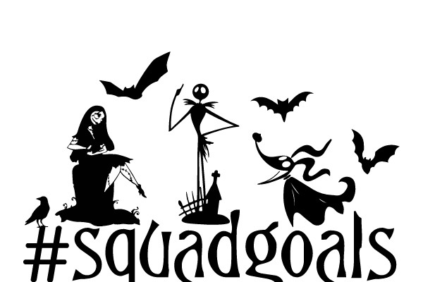 Squad Goals: A Silhouette of a Group of Friends with a Bat, a Pumpkin, and a Bird, Surrounded by the Hashtag #SquadGoals