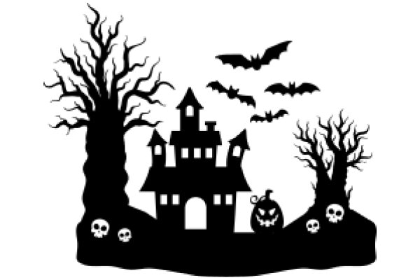 Halloween Silhouette: A Spooky Scene of Bats, Houses, and Skulls