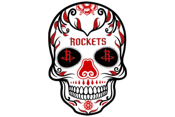 Stylized Skull with Red and Black Designs, Featuring the Word 'Rockets' and a Red Flower