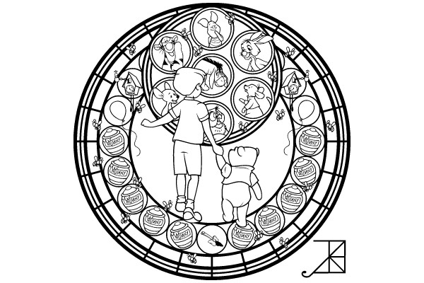 Winnie the Pooh and Friends in a Honey-Theme Stained Glass Window