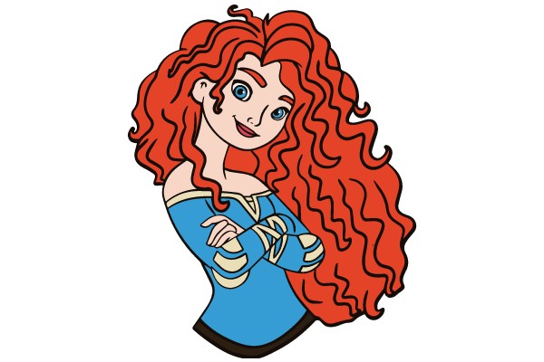Vivid Illustration of a Red-Haired Cartoon Girl with Blue Eyes and a Blue Dress