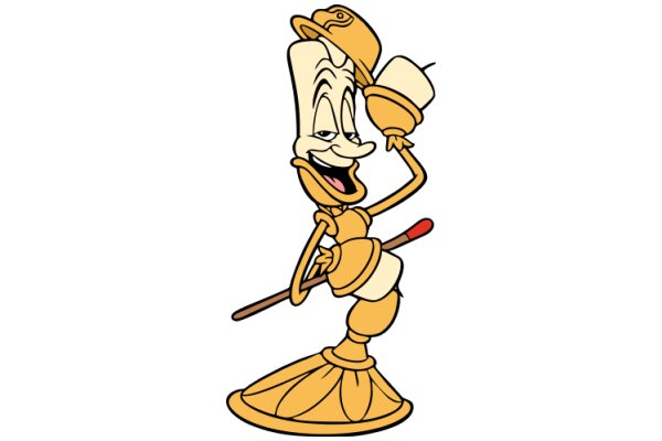 A Whimsical Character: A Yellow Cartoon Figure with a Hat and a Cane, Standing on a Platform with a Smile.