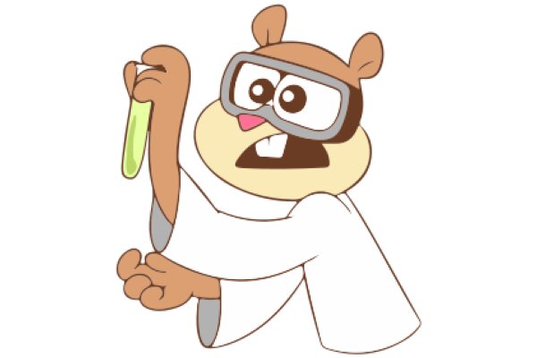 A Playful Interaction: A Cartoon Character with a Green Object and a Lab Coat