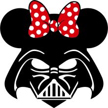 A Playful Combination of Iconic Symbols: A Minimalist Black and White Darth Vader Logo with a Red Polka Dot Bow