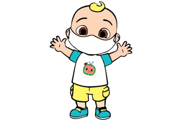 A Cute Cartoon Baby in a Mask and Yellow Shorts