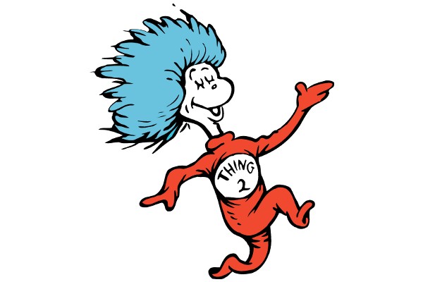 Whimsical Cartoon Character: A Blue-Haired, Red-Outfitted Figure with a Hilarious Expression and the Word 'Thing' on Its Shirt
