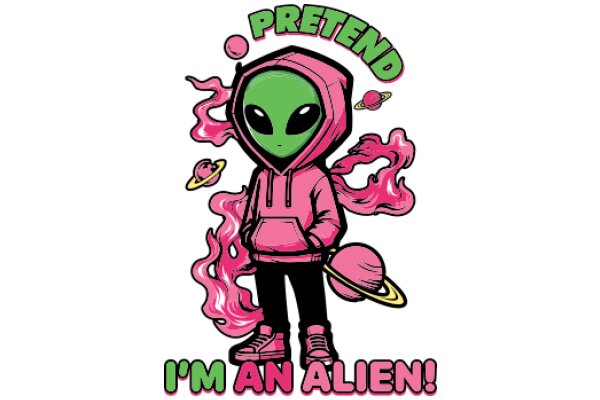 Alien Pretend: A Playful, Pink-themed Illustration of an Alien in a Hoodie with a Pink Planet and Pink Flames