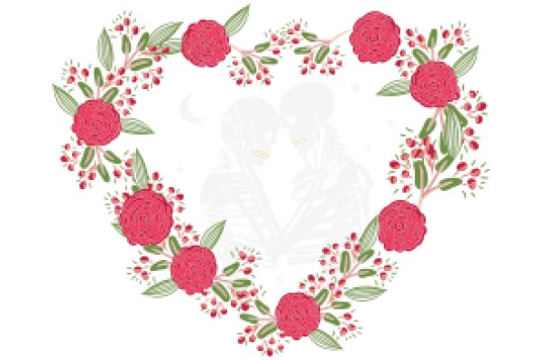 Embrace of Love: A Floral Heart with a Skeleton Inside, Surrounded by Red Roses and Green Leaves