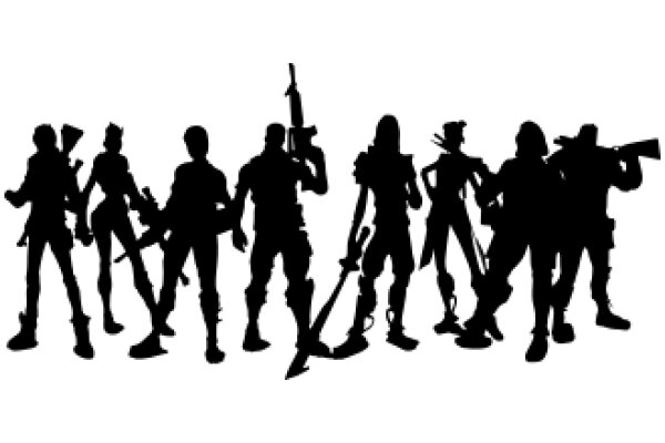 A Silhouette of a Heroic Team of Characters, Each Holding a Weapon, Standing in a Line, Ready for Action.