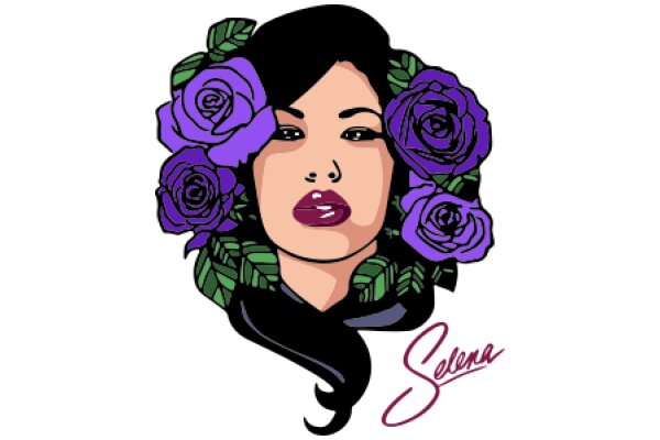 Stylized Portrait of a Woman with Purple Flowers and the Word 'Selena' in the Bottom Right Corner