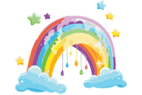 A Whimsical Rainbow Adventure with a Colorful Cloud and Starry Sky