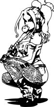 Stylish Female Character with Ponytail and Apple, Sitting on Skateboard with Fishnet Tights and Fish-themed Shoes