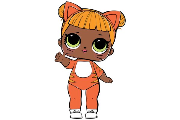 An Adorable Cartoon Character: A Blonde Cat with a Human Body, Wearing an Orange Outfit and Cat Ears, Standing Against a White Background.