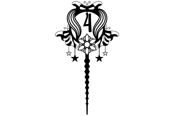 Stylized Number Four with Floral Design and Stars