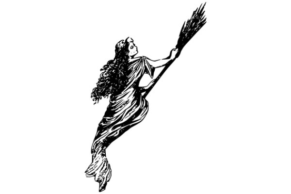 A Classic Illustration of a Woman with Long Hair and a Broom, Embodying the Spirit of Witchcraft and Magic.